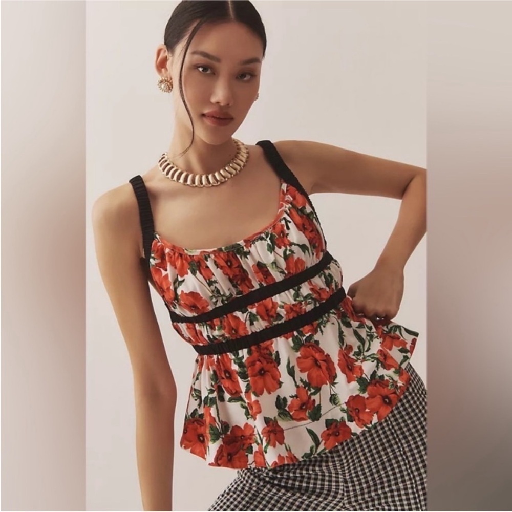 ANTHROPOLOGIE Maeve Ditali Open Back Red Floral Print Tank size large